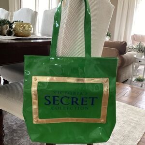 Victoria's Secret Glossy Green Tote with Gold Trim